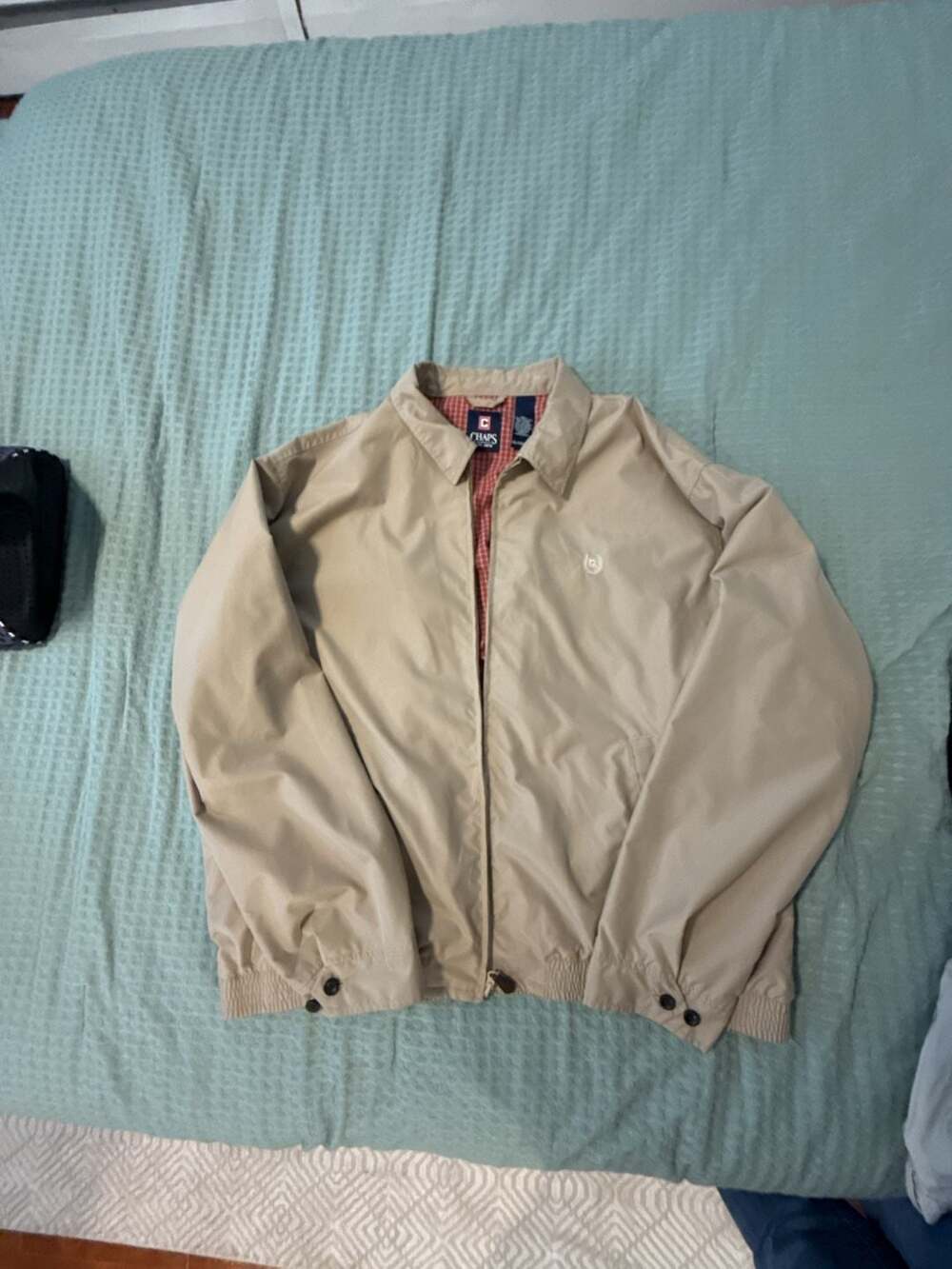 Chaps Est. 1978 Men's Full Zip Lightweight Harrington Jacket in Beige with Plaid